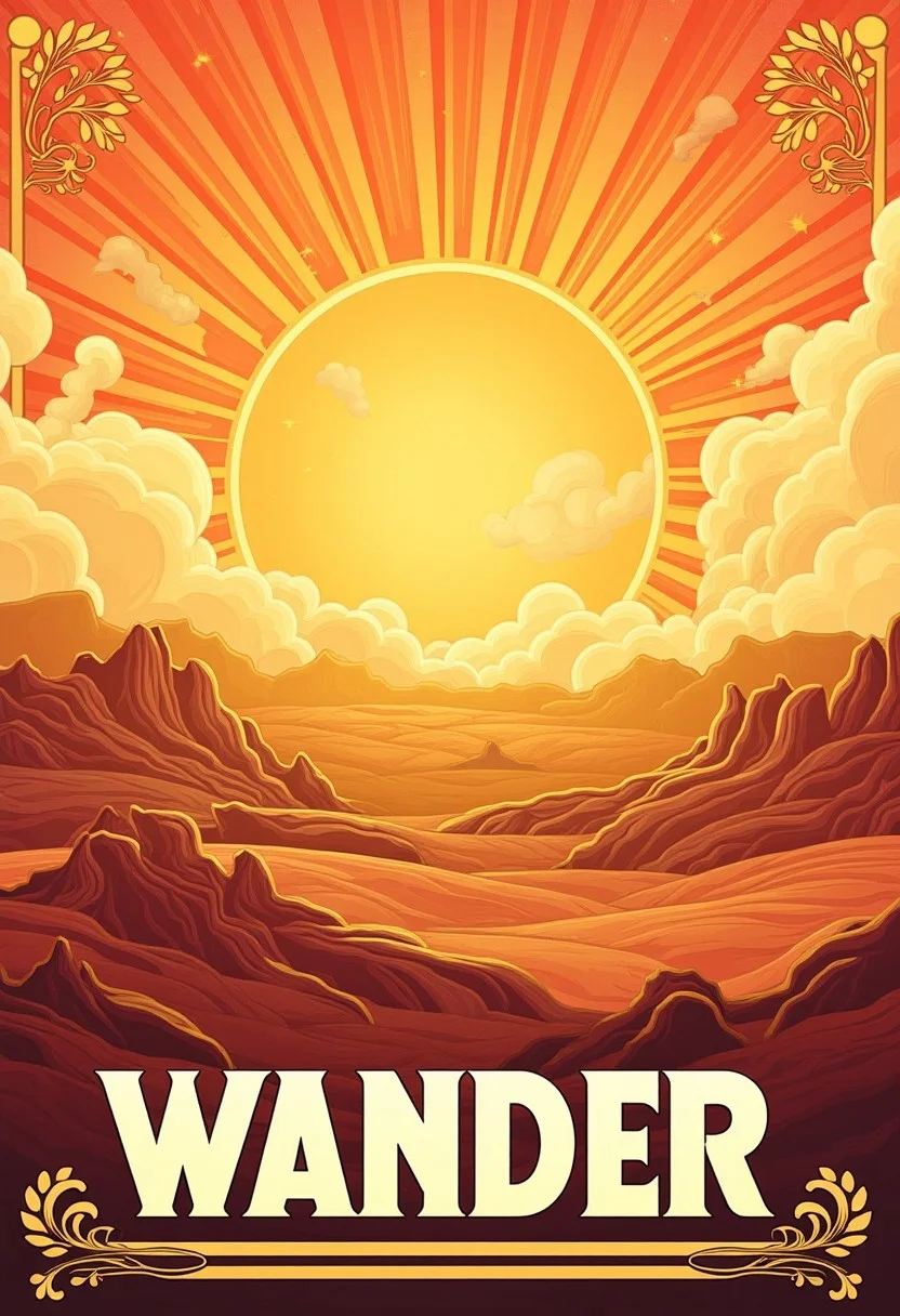 Retro sunset over desert mountains, poster with the text “WANDER”, visual flourishes of swirling clouds and stylized sun rays, illustration in the style of ARTNV