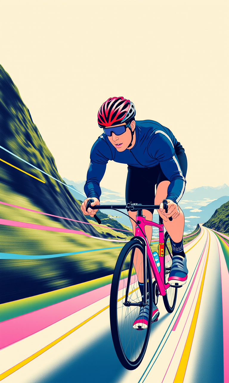 pen and ink poster of  a cyclist, side view, zooming on a mountain road, pastel colors, streaks showing speed <lora:line_art_flux:0.8>