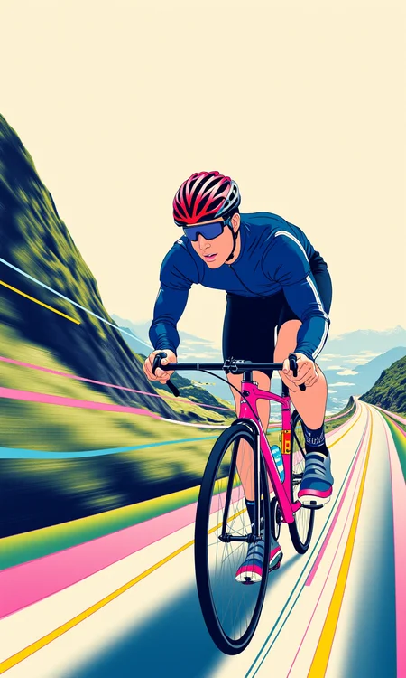 pen and ink poster of a cyclist, side view, zooming on a mountain road, pastel colors, streaks showing speed <lora:line_art_flux:0.8>