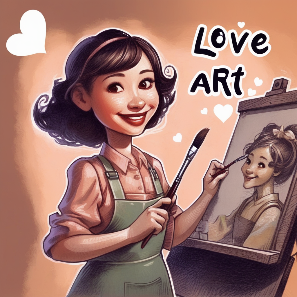 drawix5   (text "LOVE AI ART":1.6), drawing portrait of a cheerful female painter, holding a brush  <lora:drawix5:1>
