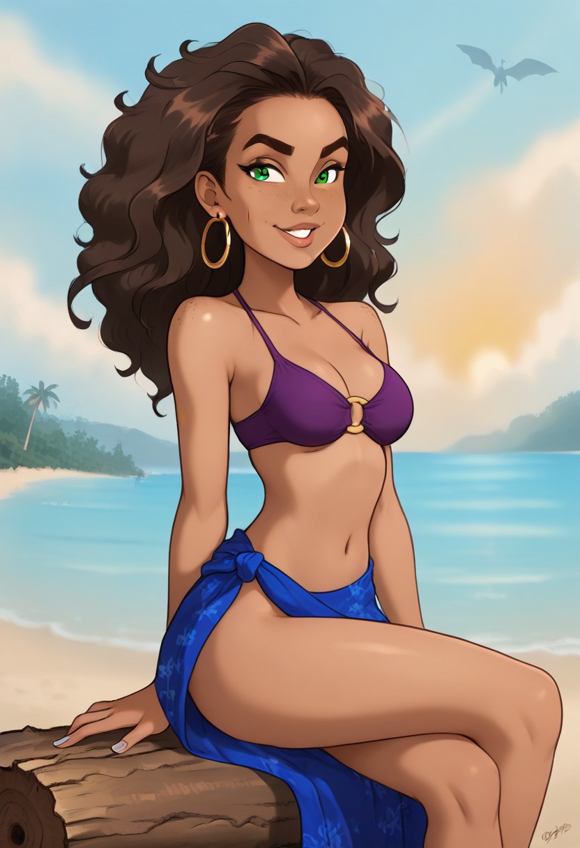 Expressive, score_6_up, score_7_up, score_8_up, score_9. Btimmsketch. 1girl, african latina, 20yo, body height: 175cm, dark-brown skin with smooth, glowing skin and warm golden undertones. Long hair, curly hair, dark-brown hair. Slightly rounded face with softened contours, high cheekbones blending seamlessly into a gently defined jawline and a small, subtly rounded chin. Thick eyebrows, arched eyebrows, medium-sized eyes, almond-shaped eyes, green eyes, subtly downturned outer eye corners, heavy upper eyelids. Full lips with a soft pink tone, slightly plumper lower lip, and a well-defined Cupid’s bow. Broad nose, prominent nose, flared nose bridge, subtle curved nose bridge, rounded nose tip. Large gold hoop earrings, long legs, curvy figure, medium perky breasts, small waist, very wide hips, slender build, thick thighs. Purple bikini, sarong, floral print, confident and expressive smile, looking at viewer, sitting on log, legs crossed, on beach, palm trees, vibrant sunset, blue sky.