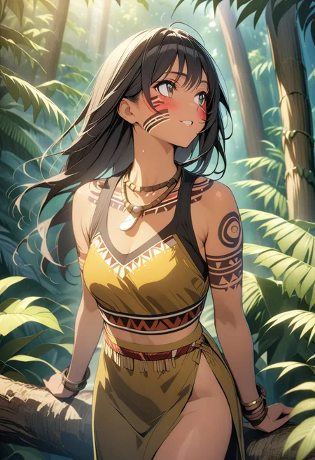 gorgeous lips, cinematic, (masterpiece), (best quality), (ultra-detailed), very aesthetic, illustration, perfect composition, intricate details, absurdres, detailed face, (anime, masterpiece, intricate:1.3), (best quality, hires textures, high detail:1.2),( cowboy shot:1.3)
1girl, brown skin, tan skin, very long black hair, brown eyes,(messy hair:1.1), perfecteyes, 8k, highest quality, ultra details,( tribal girl:1.2),( tribal paint on body, tribal face paint, tribal tattoos:1.7), beaded necklace, bone necklace, bone earrings, bone bracelets, bangles, medium breasts, toned body, jungle, muddy brown deerskin cropped top with fur trim,( brown fur loin cloth:1.3), barefoot.,
smile, happy,, blush, jungle setting, hair blowing in the wind, skirt blowing in the wind, (standing on a tree branch high in the canopy,:1.3)
BREAK, Tropical jungle, rainforest, filled with palm trees, ferns, tropical flowers, vines, coconuts, (looking into the distance from high up,:1.5), golden hourtime