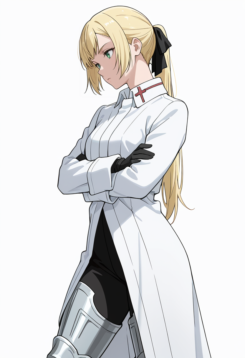 Smooth Quality,masterpiece,very intricate, high quality details, ultra realistic, high detailed skin,detailed enviorement,absurdres,
simple background, white background,solo,
standing, arms crossed, head tilt, serious, balanced stance, confident,  ,from side,bored,
 <lora:Rituscnn:0.8> rituscnn, 1girl, blonde hair, green eyes, long hair, ponytail,shirt, white shirt, coat,black gloves, hair ribbon,armored boots,