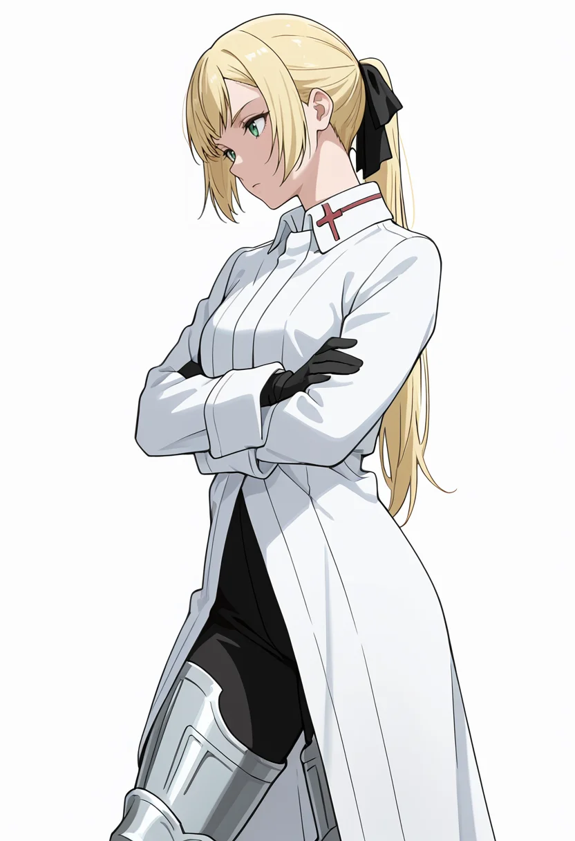 Smooth Quality,masterpiece,very intricate, high quality details, ultra realistic, high detailed skin,detailed enviorement,absurdres,
simple background, white background,solo,
standing, arms crossed, head tilt, serious, balanced stance, confident, ,from side,bored,
<lora:Rituscnn:0.8> rituscnn, 1girl, blonde hair, green eyes, long hair, ponytail,shirt, white shirt, coat,black gloves, hair ribbon,armored boots,