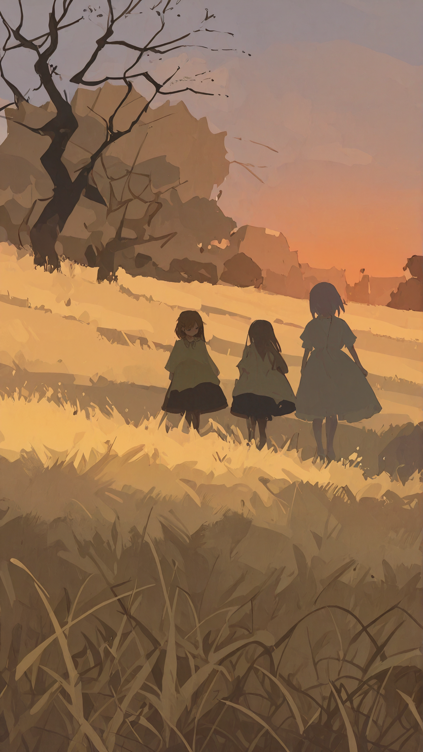 masterpiece, newest,absurdres,incredibly absurdres, best quality, amazing quality, very aesthetic, painterly, 
2girls, village, hay bale, sunset, ground fog,  fallen tree, 
 <lora:t4kar4i_shunsuk3:1> t4kar4i_illu, no_outlines, no lineart <lora:YB_IL_1624591:1> yb
