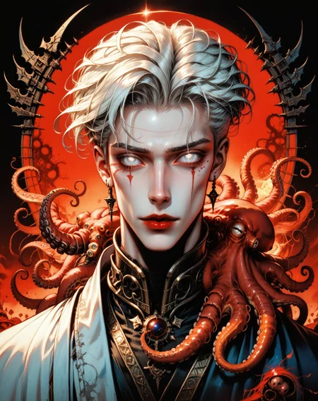(score_9, score_8_up, score_7_up, fantasy portrait, 1male, 30yo, pale skin, white hair, full-length, hidden eyes, his eyes in shadow, glowing eyes, white eyes, chaotic, slim body, ethereal setting, fantasy background, red lips, <lora:octopus_v0.2-pony:0.8> octopus, <lora:GRIM_v1:0.5> limmited palette, <lora:Dorohedoro_Style:0.3> drhdr_style, <lora:add-detail-xl:0.8> all, Lovecraft