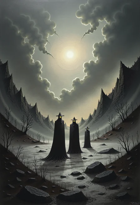 0n1r1c, Create this dramatic impasto artwork that decipts the three Norse Norns from the Völuspá poem of the Edda, stand on a vast, frozen ice field.
The sky is overcast with dark, brooding clouds, and the low-hanging sun casts an eerie, mystical glow over the scene.
The Norns wear long, heavy garments reminiscent of medieval Norse attire, and their faces are shrouded in mystery, adding to their enigmatic presence.
The atmosphere is calm, silent, and timeless, emphasizing the Norns' mystical nature as the weavers of fate. Surrounding them are ancient, withered trees and a distant silhouette of a rugged mountain range, further enhancing the otherworldly setting.
This dystopian, post-apocalyptic-style painting features a monochromatic scheme, primarily with shades of black, gray, and white.