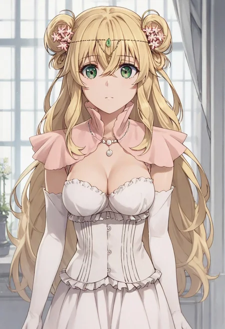 score_9,score_8_up,score_7_up, altena elgard ratis, 1girl, blonde hair, long hair, hair between eyes, green eyes, hair bun, double bun, breasts, dress, cleavage, gloves, elbow gloves, hair ornament, hair flower, flower, white gloves, jewelry, necklace, thighhighs, white dress, capelet, high heels, garter straps ,