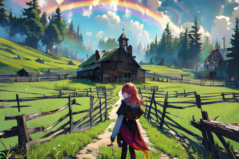 (otherworldly), highly insanely detailed, masterpiece, top quality, best quality, highres, 4k, 8k, RAW photo, (very aesthetic, beautiful and aesthetic), farm, fields, barn, fence, fantfa, <lora:FantasyFarm-10:1>, 
1girl, 
(mahogany hair ,rainbow hair,Iridescence hair), 
(pure green background,transparent background),âââ