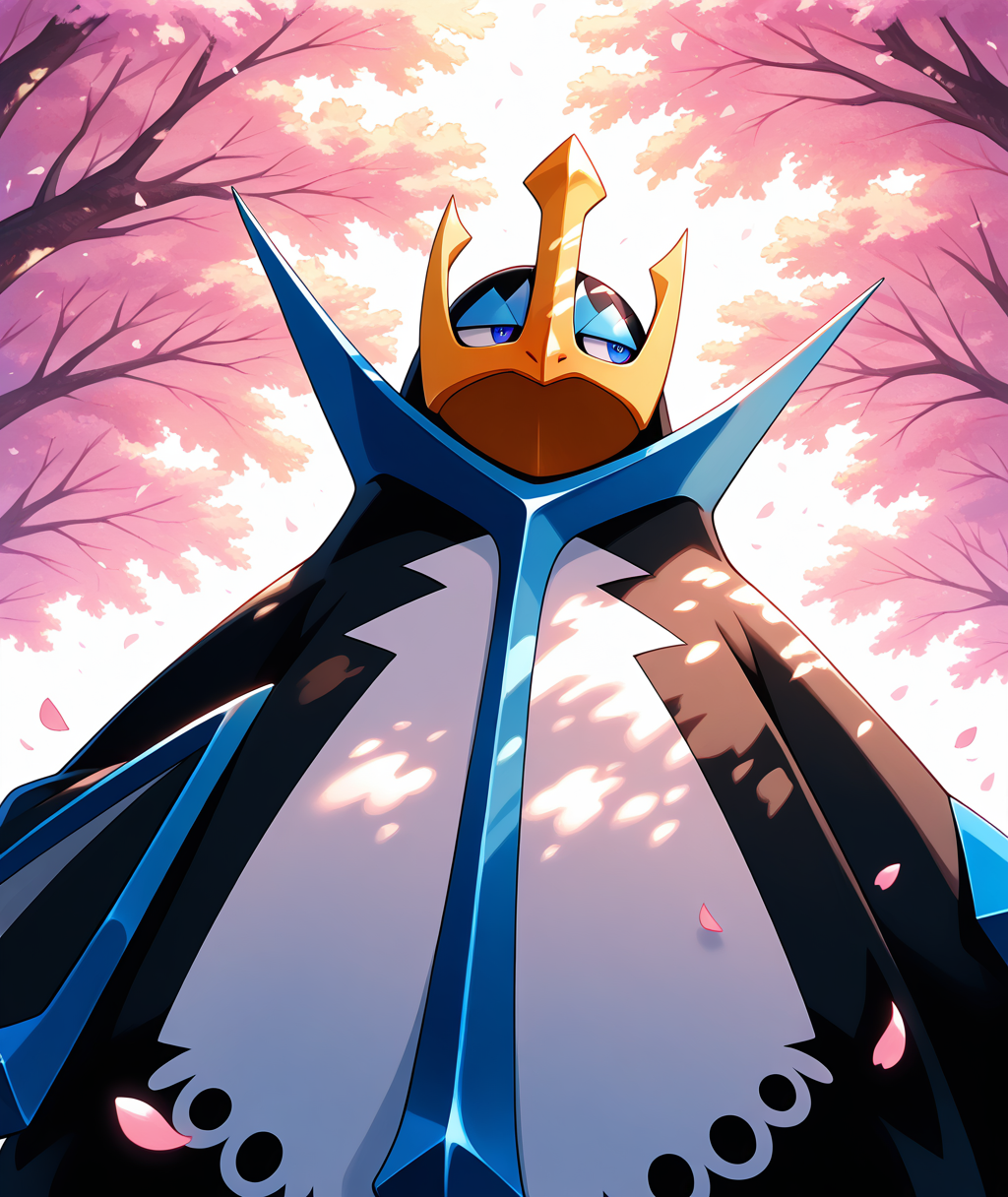((vibrant, detailed, detailed background, amazing quality, colorful, masterpiece, 8k, rtx)), beutiful background, BREAK <lora:empoleon-illus-15:0.9> pempo, 1other, pinguin_boy, (empoleon), (solo, alone), falling petals, cherry blossom, from below, looking away, dappled sunlight, 
autumn, floating petals, magic moment, upper body,