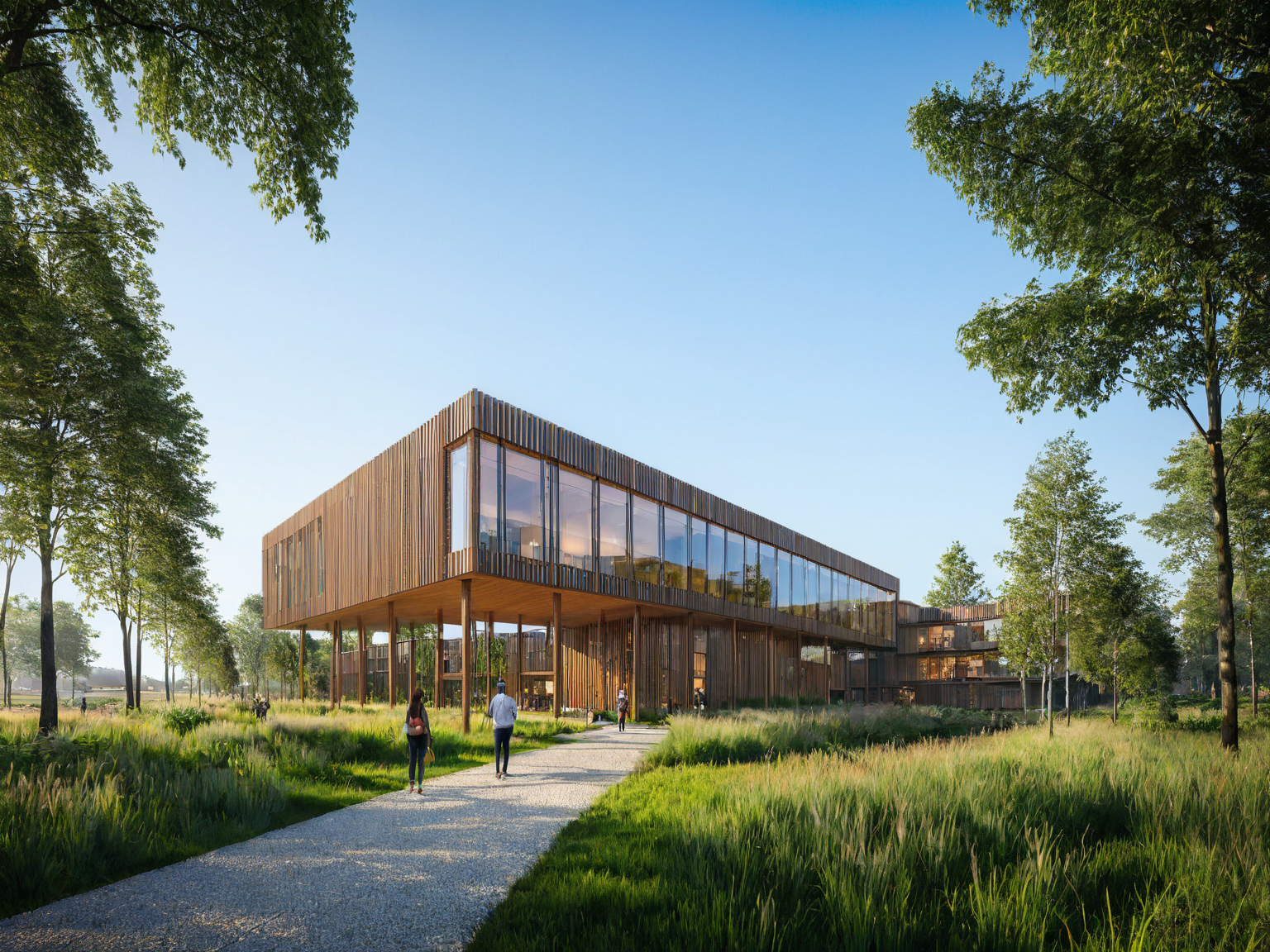 The image showcases a modern architectural structure with a predominantly wooden and glass facade, situated amidst a lush landscape. The structure appears to be elevated on stilts, surrounded by a variety of trees, grasses, and a gravel pathway. A few individuals can be seen walking on the pathway, suggesting the area is a public or communal space. The sky above is clear, hinting at a serene day. <lora:binshui-000025:0.6>