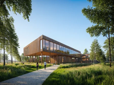 The image showcases a modern architectural structure with a predominantly wooden and glass facade, situated amidst a lush landscape. The structure appears to be elevated on stilts, surrounded by a variety of trees, grasses, and a gravel pathway. A few individuals can be seen walking on the pathway, suggesting the area is a public or communal space. The sky above is clear, hinting at a serene day. <lora:binshui-000025:0.6>