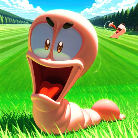 *LORA WEIGHT: 1.1* wormsteam17, wormrender, worm, 1worm, animal focus, solo, side view, looking at viewer, floating black eyebrows, brown eyes, open mouth, scream, tongue, uvula, slim neck, smooth worm body, BREAK, outdoors, grass, day, masterpiece, best quality