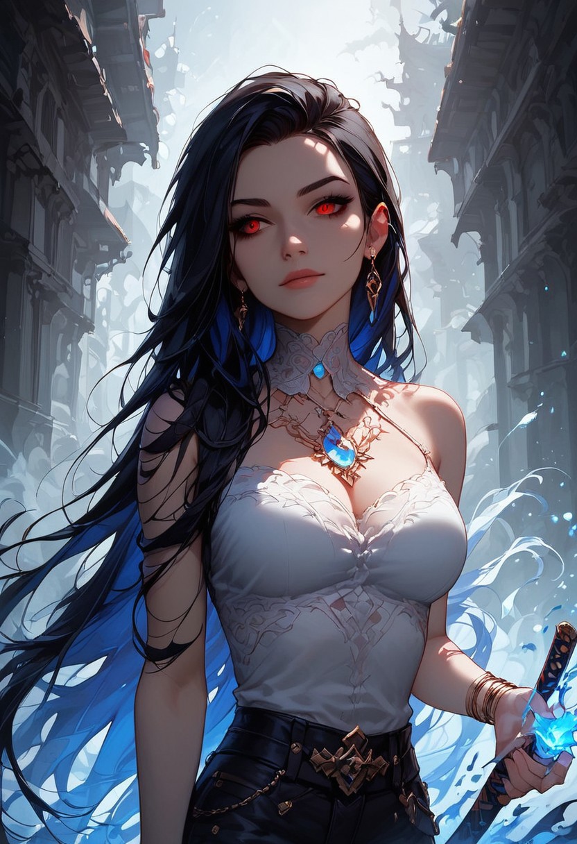 masterpiece, score_9, score_8_up, score_7_up, EasyNegative_v2, (best quality:1.1), ultra-detailed, high resolution,Highly Visible, 8k, sharp focus, beautiful, perfect lighting, smooth edges, 1girl, black pants, white top, blue glowing katana, long hair, red eyes, Sparks, embers, dimly lit, blurred background, Anime style, high contrast, saturated colors