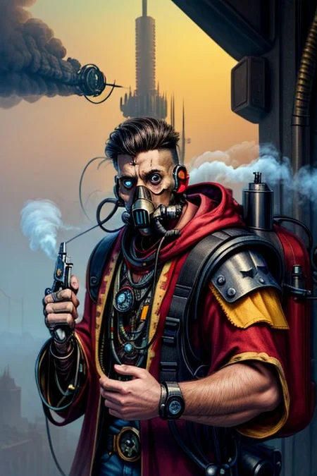 ((masterpiece,best quality)), absurdres, BREAK
mechanical arms, robes, hood, BREAK
((techpriest)), cyborg, mechanical face, mechanical limbs, gas mask, mechanical tentacles, (mechanical backpack), BREAK
1other, solo, holding pistol, firearm, handgun, pistol, gun, BREAK
factory background, smoggy sky, air pollution, smokestacks, BREAK
(1boy, from_side, writing, lofistudy)