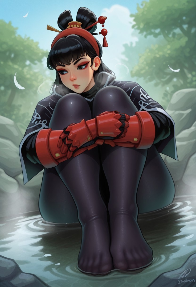 jinedem, outdoors, undershirt, falling feathers, black bodysuit, hair stick, hugging knees, knees to chest, gauntlets, eyeshadow, red gloves, two sides up, black capelet, red hairband, black eyes, 1girl, solo, feet, visible breath, dynamic angle, foreshortening, smell, steam, onsen, water