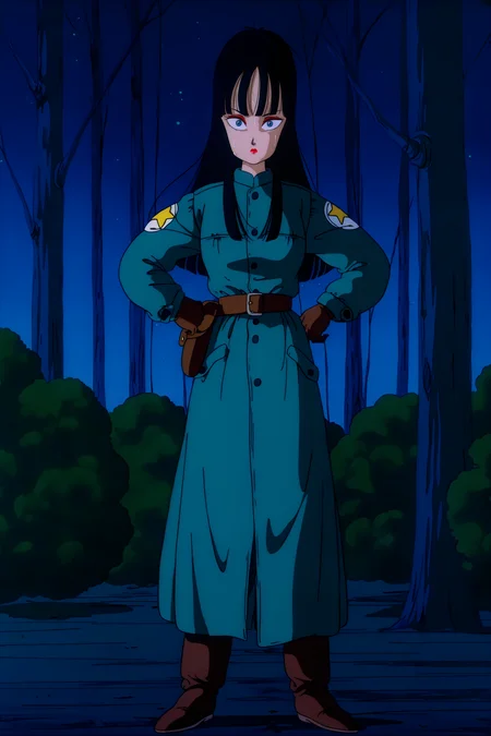 anime screencap, absurdres, high quality, official style,
agent mai, 1980s \(style\), anime coloring, retro artstyle, 1girl, solo, black hair, long hair, hime cut, big forehead, blue eyes, eyelashes, red eyeliner, lipstick, military uniform, long coat, teal topwear, print sleeves, star symbol, white print, brown gloves, brown belt, pouch, sweat, constricted pupils, wide-eyed, dark sky, night, full body, standing, hands on hips, looking at viewer, forest, tree, scared
<lora:Mai_IL:0.8>
