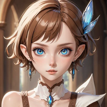 ethereal fantasy concept art of anime artwork beautiful woman,cowboy shot,pixie cut,Warm Brown lipstick,iridescent trim,Blue eyes,eyeshadow,makeup,earrings,hairclip,elf,pointy ears, . anime style . magnificent