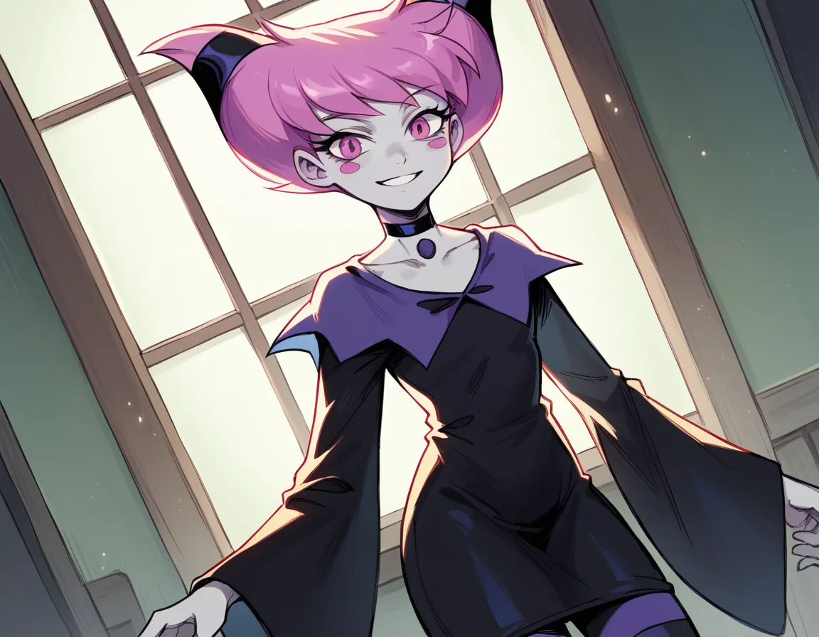score_9, score_8_up, score_7_up, source_anime, <lora:jinx-dc-ponyxl-lora-nochekaiser_r1:1>, jinx, jinx (dc), colored skin, grey skin, hair horns, pink eyes, pink hair,, choker, long sleeves, pantyhose, striped clothes, striped pantyhose, black dress, wide sleeves, collarbone,, indoors, smile, looking at viewer, solo,, cowboy shot, dutch angle