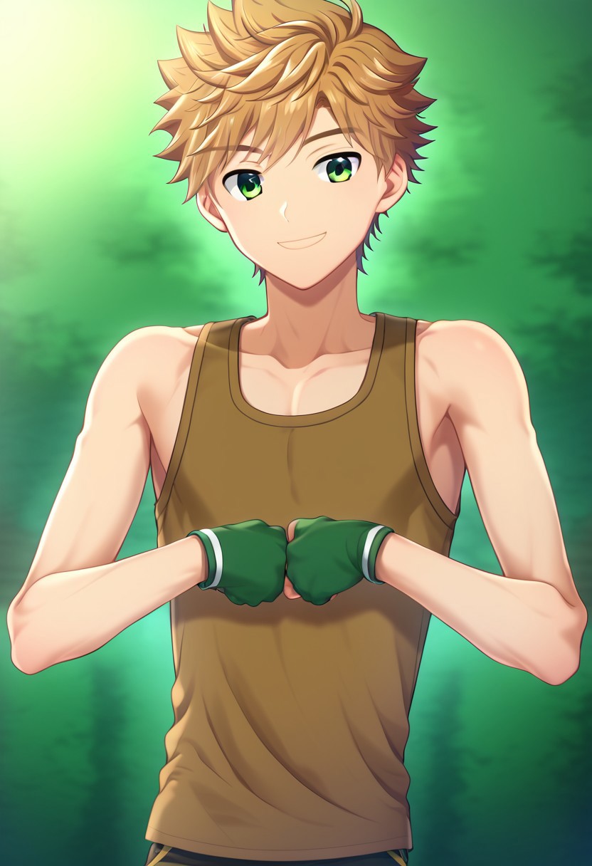 hikarishi_kenji, blond hair, short hair, bangs, green eyes, 1boy, (solo:1.20), solo focus, character with (athletic body:1.1), (balanced:1.2), brown tank top, wear black trunk, smile, proportional body, strong lower body, handfixer