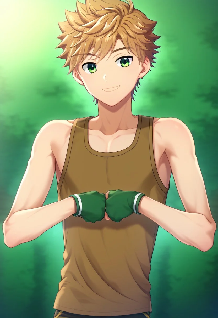 hikarishi_kenji, blond hair, short hair, bangs, green eyes, 1boy, (solo:1.20), solo focus, character with (athletic body:1.1), (balanced:1.2), brown tank top, wear black trunk, smile, proportional body, strong lower body, handfixer