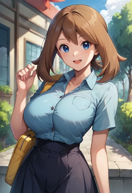 masterpiece,best quality, highly detailed, score_9, score_8_up, score_7_up, score_6_up,<lora:xl_more_art-full_v1:0.8>,source_anime,
BREAK
<lora:mayXL:0.8>may, 1girl, solo, may (pokemon), brown hair, skirt, blue eyes, smile, open mouth, breasts, hand up, alternate breast size, bangs, eyelashes, looking at viewer, collared shirt, shirt, large breasts, medium hair