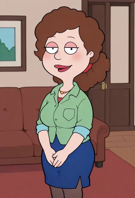 score_9, score_8_up, score_7_up, score_6_up, high quality, rounded eyes, style parody, cartoon style, 1girl, solo, living room, couch, indoors,
BREAK
unnamed girl, brown hair, black eyes, (mature female:1.5), (plump:1.2), large breasts, gigantic hips, green sweater, rolled up sleeves, blue skirt, stockings, own hand together, blush, smile, looking at viewer, long skirt, half-closed eyes, necklace,