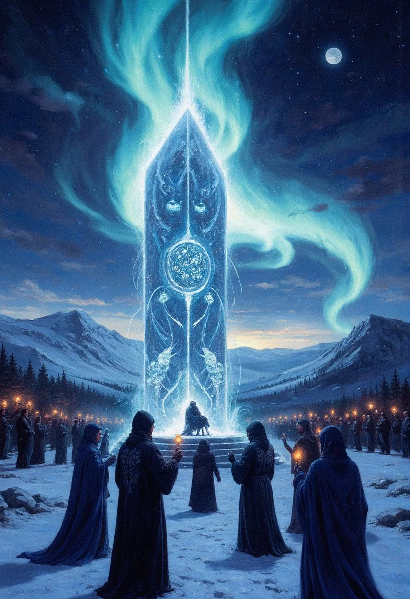 A glowing monolithic stone pulsates with spectral light in the middle of a desolate snowy field, surrounded by cloaked figures chanting in an ancient, guttural tongue, their cloaks embroidered with intricate frost runes that shimmer in the moonlight, frostfire candles cast flickering shadows of writhing creatures across the snow, above, the aurora weaves unnaturally, shifting as though alive, the atmosphere is haunting yet vibrant, reminiscent of the dramatic light and shadow contrasts of Gustave Doré, with ethereal blues and greens layered against the stark white of snow and deep blacks of shadowy figures.
, Vibrant, grotesque, and surreal with bold contrasts, heavy black outlines, and a blend of dreamlike autumnal hues; a mix of neon, retro, and pagan elements, inspired by Sean Aaberg’s punk-infused, chaotic energy and dreamcore's eerie, nostalgic undertones