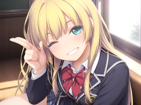 agnes,school uniform,blonde hair,aqua eyes,<lora:Agnes_-_Sankai_Ou_no_Yubiwa_Illustrious:1.1>,sitting,indoors,looking at viewer,grin,one eye closed,cowboy shot,, masterpiece,best quality,amazing quality,