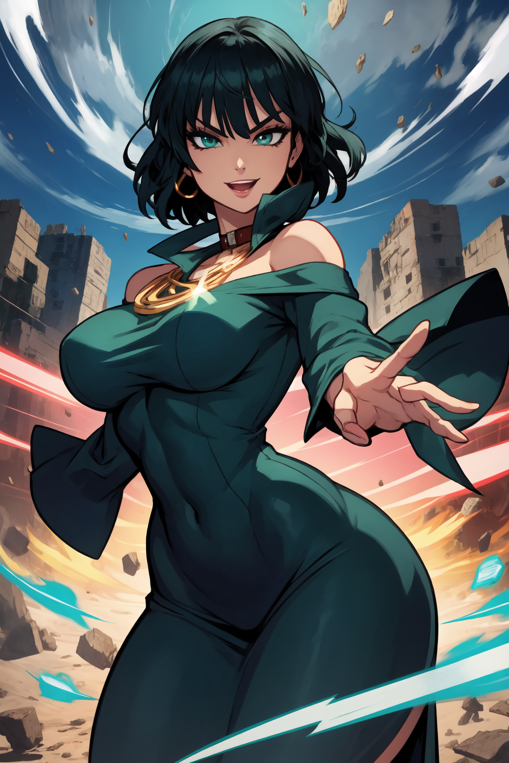 1girl, (solo:1.2), (masterpiece:1.2), (best quality:1.2), (perfect anatomy:1.4)
<lora:Lack [MockAi - v1.0]:0.7> lack, anime style, pastel colors, thick semi-traditional lineart, (large breasts:1.2), (curvy:1.5), overflowing breasts, (skindentation:1.4)
(cowboy shot:1.5), (dynamic pose:1.5), (looking at viewer:1.5), (expressive face:1.5), (all around happy:1.5), (using psychokinesis:1.4), <lora:Fubuki [nochekaiser881 - v1.0]:1> fubuki, black hair, green eyes, short hair, black dress, dress, high collar, jewelry, necklace, off shoulder, taut clothes, taut dress, (post fight scenery:1.3), rubble, outside, daylight