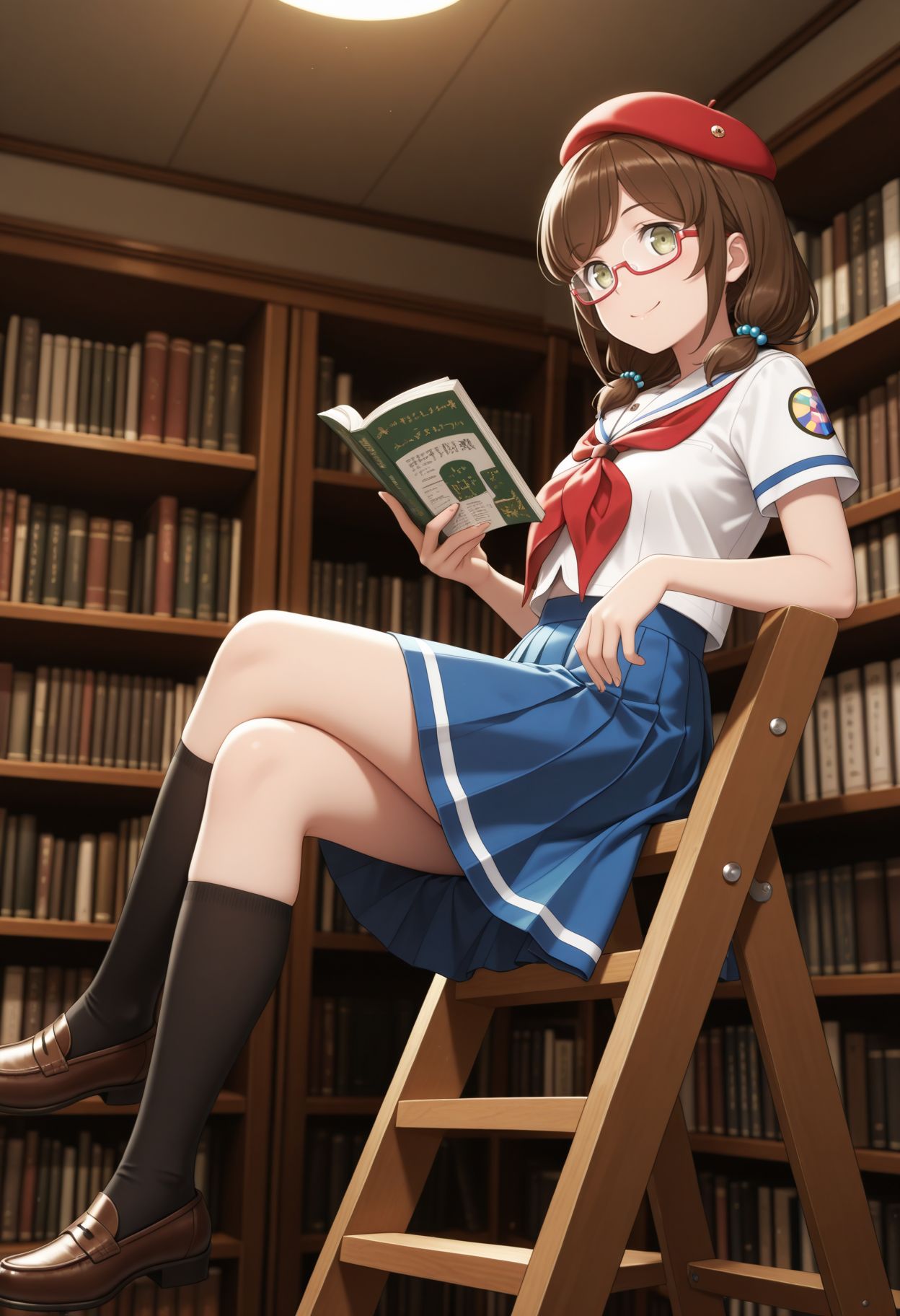 masterpiece,best quality,absurdres,highres,very aesthetic,high quality,detailed,insanely detailed,beautiful,perfect lighting, looking at viewer, looking at viewer, smile, 
 <lora:Momo Aoki:1> 1girl, brown hair, twintails, brown eyes, low twintails, green eyes, hair bobbles, glasses,hat, beret, red headwear, school uniform, semi-rimless eyewear, serafuku, short sleeves, blue skirt, red neckerchief, neckerchief, 
on ladder, library, sitting, reading, books, wide shot, from side, leaning back, crossed legs, looking down,