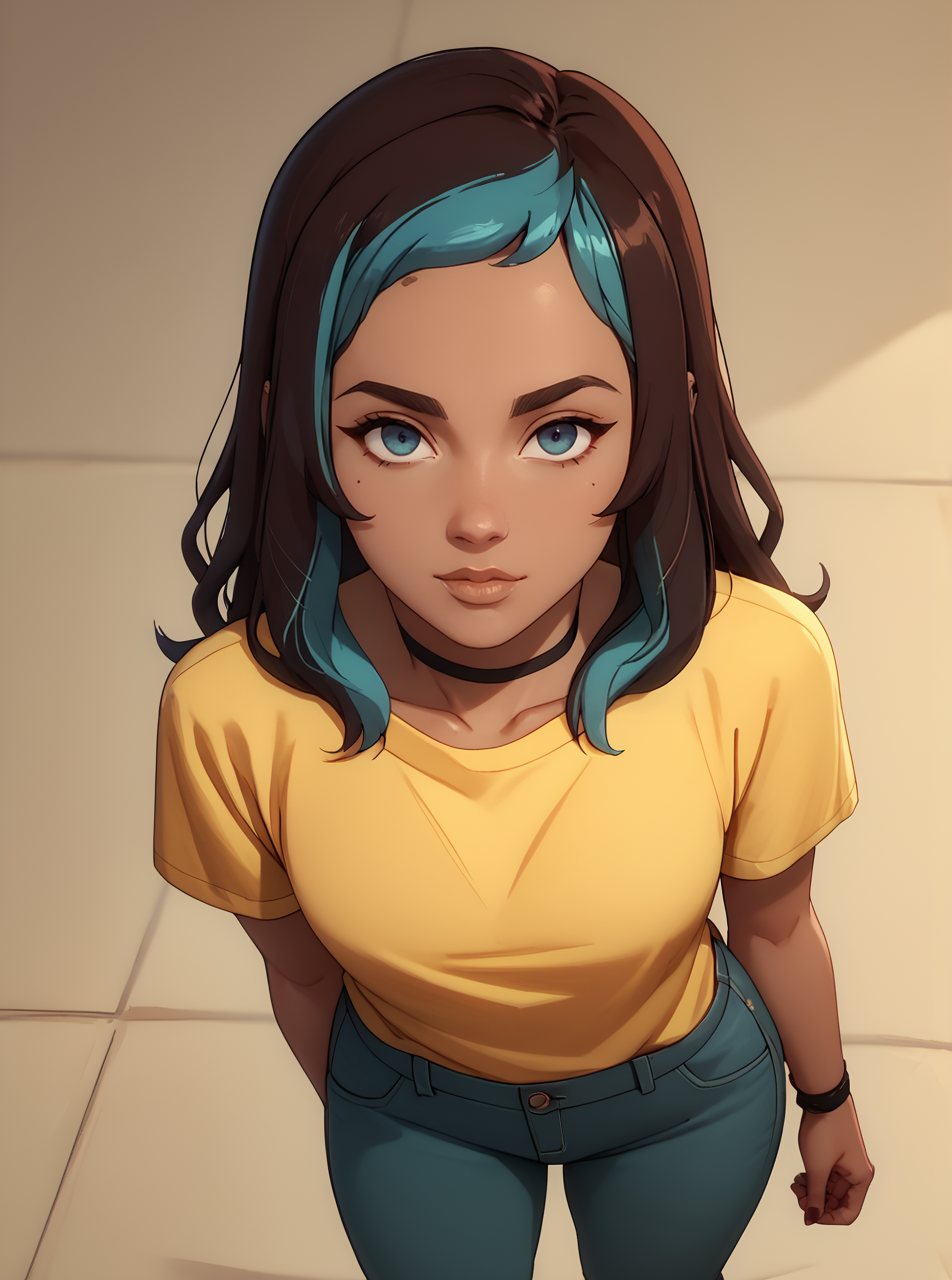 score_9, score_8_up, score_7_up, <lora:hannahpxl:1>, hannahpxlm 1girl, cartoon, western animation, looking at viewer, flat colors, outline, full body, from above, yellow shirt, dark skin, two-tone hair,