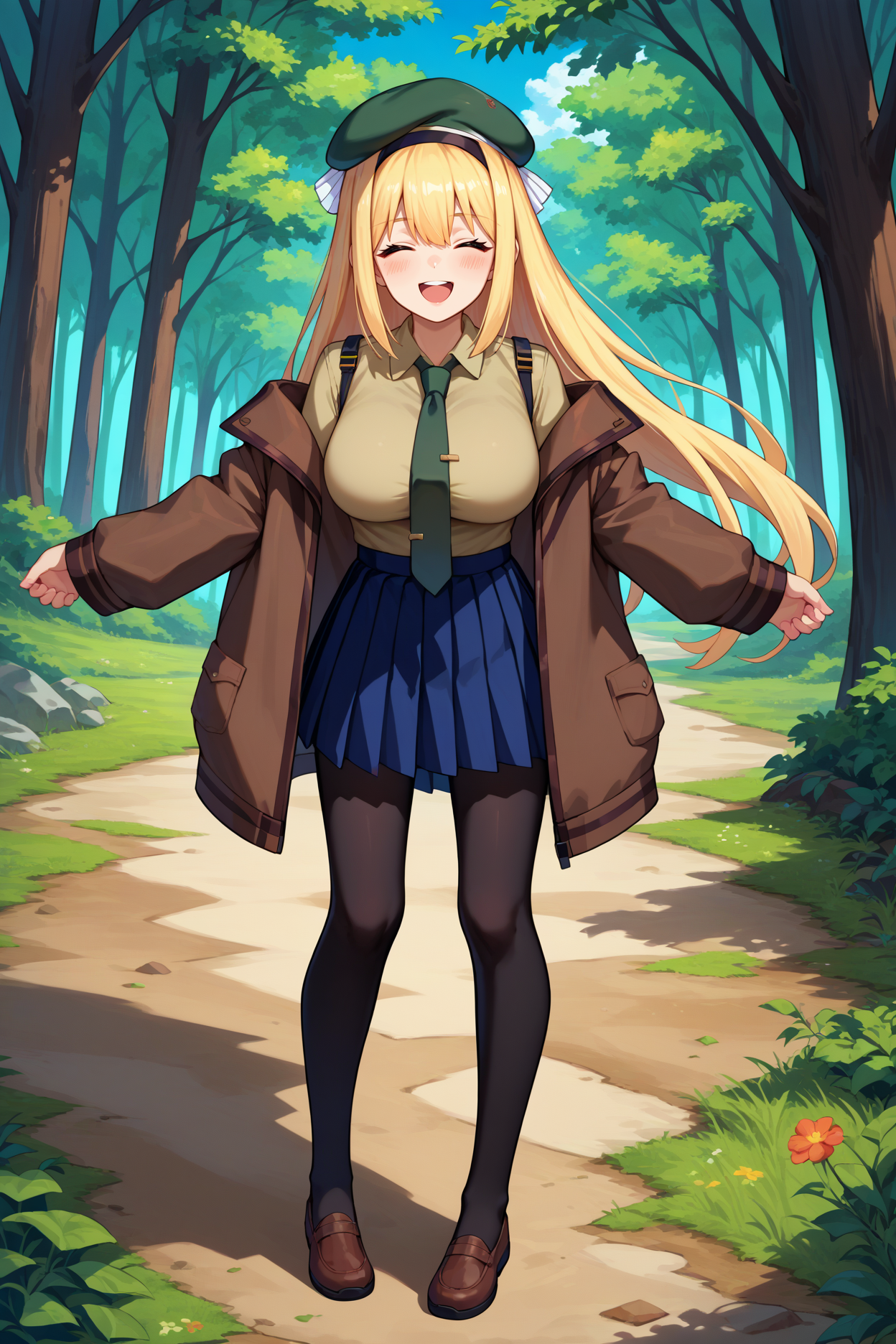 score_9, score_8_up, score_7_up, score_6_up, source_anime, 1girl, solo, <lora:m1garand-pdxl-nvwls-v1-000005:1> gflm1, blonde hair, long hair, closed eyes, beret, black hairband, green necktie, beige shirt, collared shirt, brown jacket, blue skirt, pleated skirt, black pantyhose, big breasts, happy, blush, smile, full body, looking at you, forest, blue sky