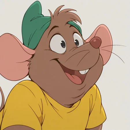 masterpiece, best quality, amazing quality, gusgus, male, furry male, solo, anthro, mouse, brown fur, short hair, black eyes, brown nose, whiskers, buck teeth, tail, chubby, green hat, yellow shirt, excited, wide-eyed, close-up, portrait, grey background