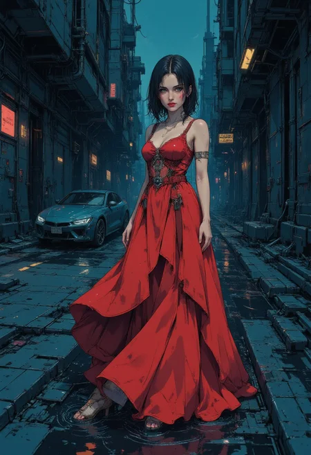 This is a digital artwork in the style of ckgr, a woman wearing a candy apple red ball gown is walking with her legs  partly submerged in glowing bioluminescent water , a_skynet_cyberdyne_craft, the image is featuring a
Nightstalker, outdoors, clear night sky, lo-fi tint color palette contrasting the bold color of the dress