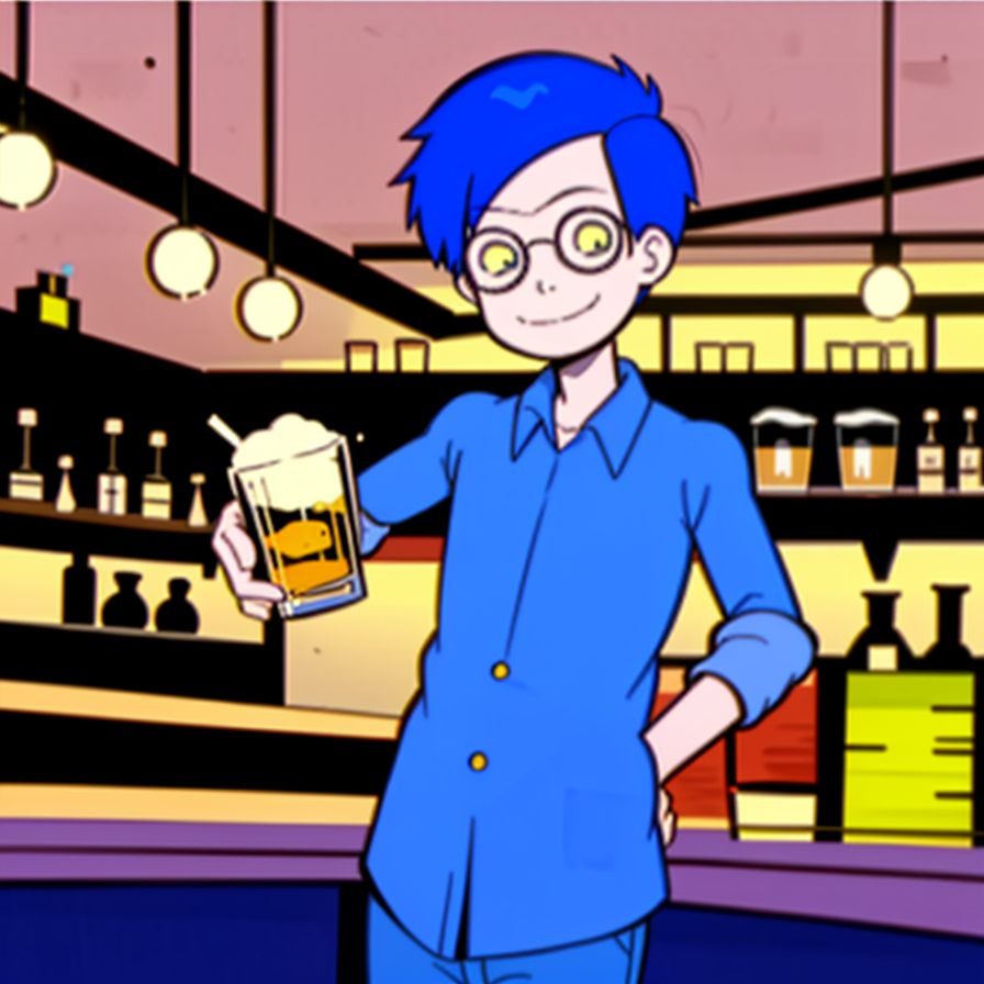 <lora:Kevin_French_-_Mission_Hill_1999_08:0.95> kevin_french, 1boy, short hair, blue hair, glasses, light blue shirt, button down shirt, solo, yellow sclera, rolled up sleeves, bar, holding pint glass, drunk, smile,<lora:LCM_SD15:1.0>