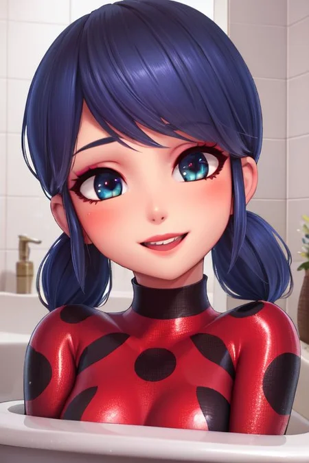 1girl, solo, masterpiece, best quality, intricate details, perfect lighting, m4ri woman, 1girl, portrait, (long hair, short twintails), (blueberry eyes, beautiful eyes), medium breasts, upper body, looking at viewer, smiling, (ladybug costume, ladybug outfit, red bodysuit, polka dot), alluring face, naughty smile, petite, slim waist, beautiful eyes, laughing, uwu, suggestive smile, laughing, bathroom, bath, bathing, bathtub, water, wet, soaking wet, wet hair, v arms, breasts squeezed together, makeup, lipstick, eyeshadow, cute, photo_realistic
