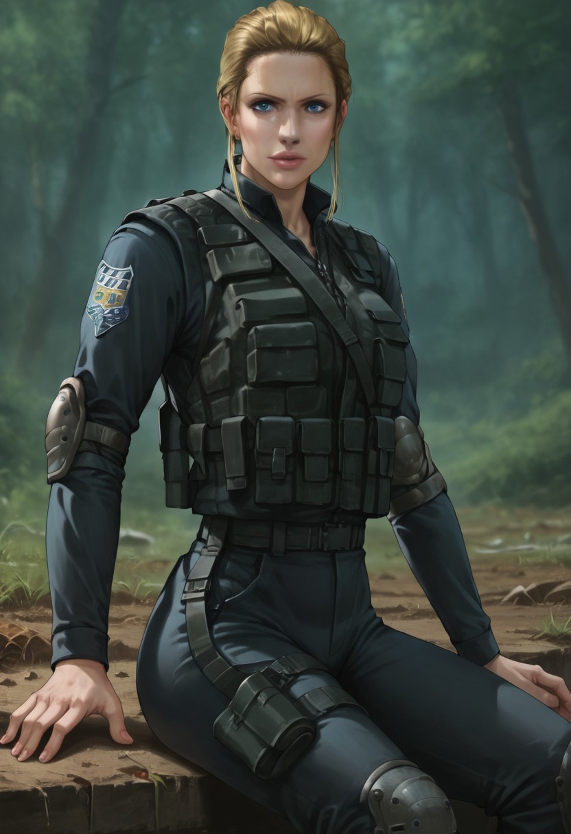 score_9, score_8_up, score_7_up, score_6_up, source_realistic, cowboy shot, BREAK 1girl, Angelamiller, blonde, pulled back hair, ponytail, blue eyes, swat uniform, tactical vest, elbow pads, thigh holster, sitting,