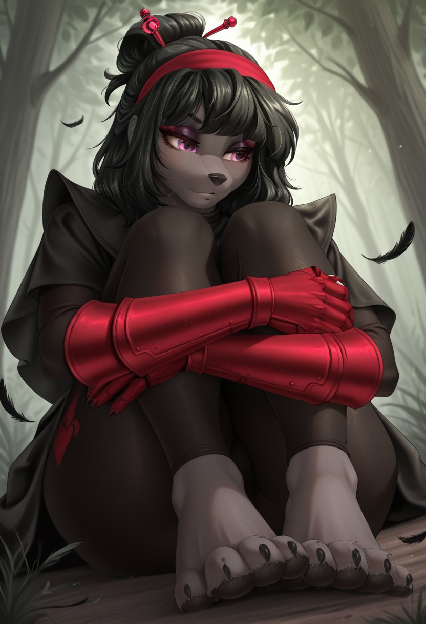 anxietychan,  outdoors, undershirt, falling feathers, black bodysuit, hair stick, hugging own legs, , gauntlets,   eyeshadow,   red gloves, black capelet, red hairband, pink eyes, 1girl, solo, feet, medium hair, black hair  dynamic angle, foreshortening, furry, furry female, anthro, paws, claws, pawpads,
