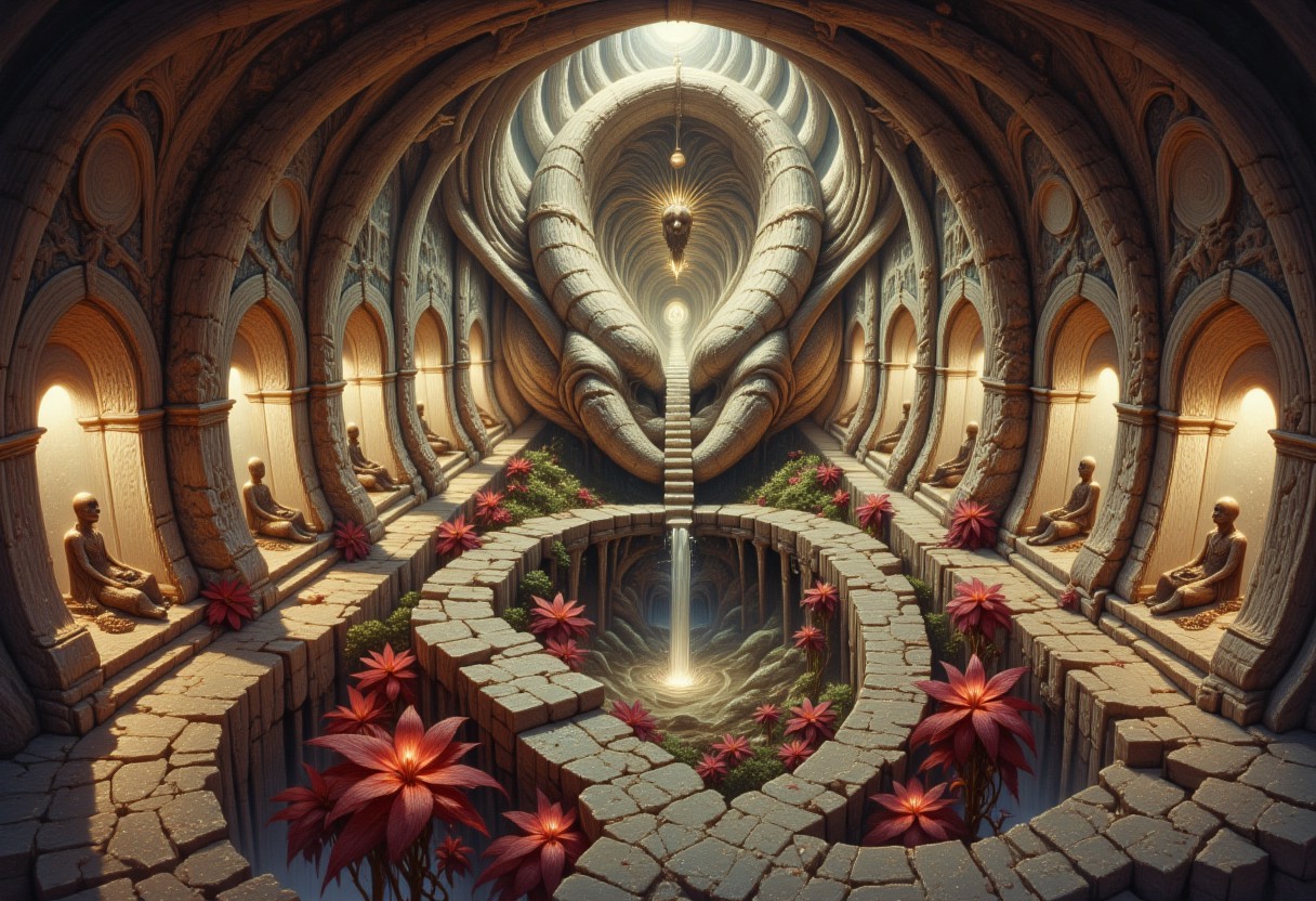 serpentine tunnel carved inside a massive vertebral column with ivory walls and curved ceiling, sitting dessicated mummies in meditation alcoves, narrow channel running along the floor, flickering bioluminescent red plants, multiple paths and entrance exit, OBxiaoxiang, R3alisticF, G0thicL1nes