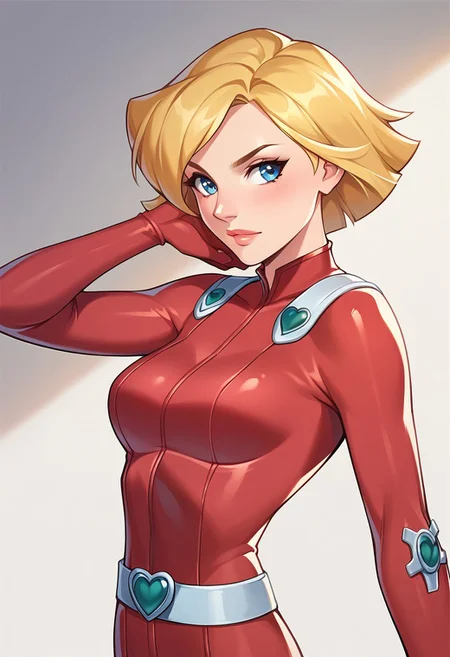 core_9, score_8_up,score_7_up, score_6_up, score_5_up, score_4_up, 1girl, clover \(totally spies\), blonde hair, short hair, blue eyes, red bodysuit, belt,