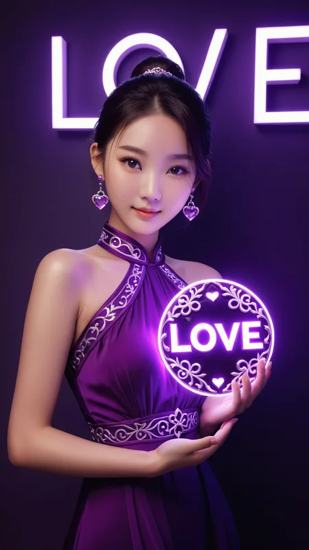 neonpunk style wallpaper,best quality,masterpiece,realistic,HDR,UHD,8K,Vivid Colors,Studio lighting,ultra-fine painting,sharp focus,physically-based rendering,Canon 35MM camera angle,art,(((1 beauiful Chinese girl holding a Amethyst))),(((the amethyst with Stone carving word "Love"))),the girl 22 years old,full body,wear purple dress with embroidery,purple Ponytail hair,Amethyst earrings,medium breasts,Bare arms,collarbones,cute face,slender,brown eye ball,bright pupils,shy,light blush,sexy pose,smile,detailed hand,indoor,ambient light,add more details,moden,hand,coral dress,,,,neon,text logo " Love",<lora:detailed_hands:1>,<lora:coraldress:0.3>,<lora:Harrlogos_v1.1:1> . cyberpunk, vaporwave, neon, vibes, vibrant, stunningly beautiful, crisp, detailed, sleek, ultramodern, magenta highlights, dark purple shadows, high contrast, cinematic, ultra detailed, intricate, professional