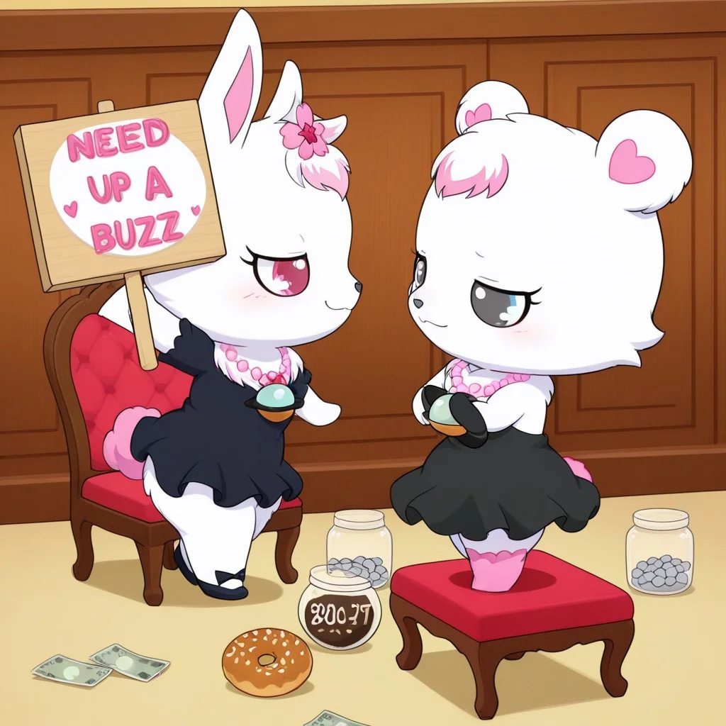 score_9, score_8_up, score_7_up, score_6_up, score_5_up,
best quality, masterpiece, smirks, Full Body, Romantic, Small Body, Furry, looking_pleasured, rubyjp, no humans, rabbit, chibi, furry, hair ornament, necklace, jewelry, chest fur, white fur, labrajp, chibi, feral, multicolored hair, pink tail, tufted fur, furry, one pink leg, necklace, bear,  duo girls, duo, written on sign " Need buzz for a new dress" black dress, table, money tip jar, chair, box of donuts, dance, dancing, dance moves, downtown, plaza, 1 character holding a big sign, sign writing "buzz plz"
