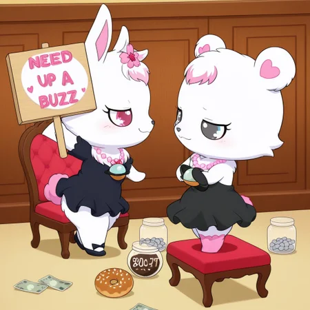 score_9, score_8_up, score_7_up, score_6_up, score_5_up,
best quality, masterpiece, smirks, Full Body, Romantic, Small Body, Furry, looking_pleasured, rubyjp, no humans, rabbit, chibi, furry, hair ornament, necklace, jewelry, chest fur, white fur, labrajp, chibi, feral, multicolored hair, pink tail, tufted fur, furry, one pink leg, necklace, bear, duo girls, duo, written on sign " Need buzz for a new dress" black dress, table, money tip jar, chair, box of donuts, dance, dancing, dance moves, downtown, plaza, 1 character holding a big sign, sign writing "buzz plz"