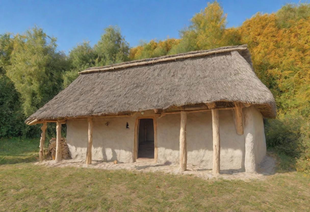 HDR,UHD,8K,Highly detailed,realistic,photo-realistic:1.37), exterior of a neolithic house painted in neolithic style