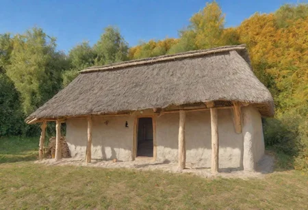 HDR,UHD,8K,Highly detailed,realistic,photo-realistic:1.37), exterior of a neolithic house painted in neolithic style