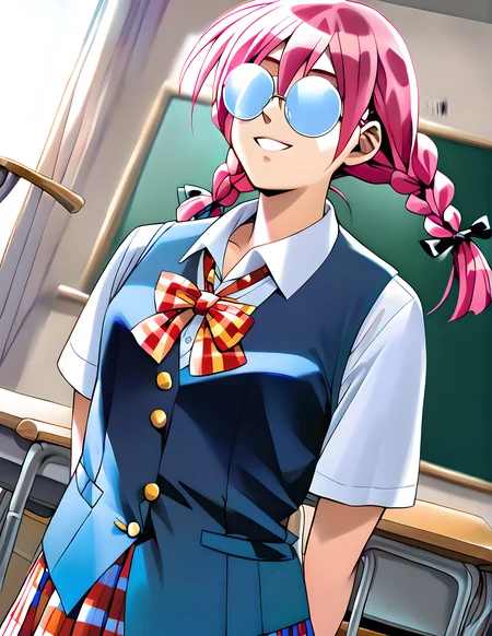<lora:pony_xl_minori>,minori,score_9,score_8_up,score_7_up,source_anime,1girl,school uniform,blue vest,collared_shirt,bow,pleated skirt,plaid skirt,short hair,twin braids,no eyes,opaque_glasses,round eyewear,thick glasses of lenses,smile,classroom,cowboy_shot,front view,standing,arms_behind_back,