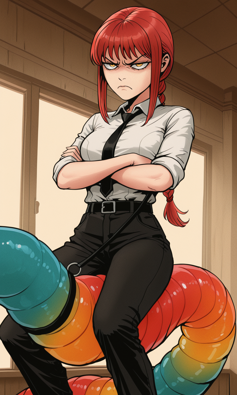 embedding:IllusP0s, f3rn4nd0, riding gummy worm, reigns, makima, annoyed, white shirt, black tie, arms crossed, 1girl, solo,<lora:Style_soph-Fernando-ILXL.safetensors:1.0:1.0> <lora:riding gummy worm_reigns_illustrious.safetensors:1:1>