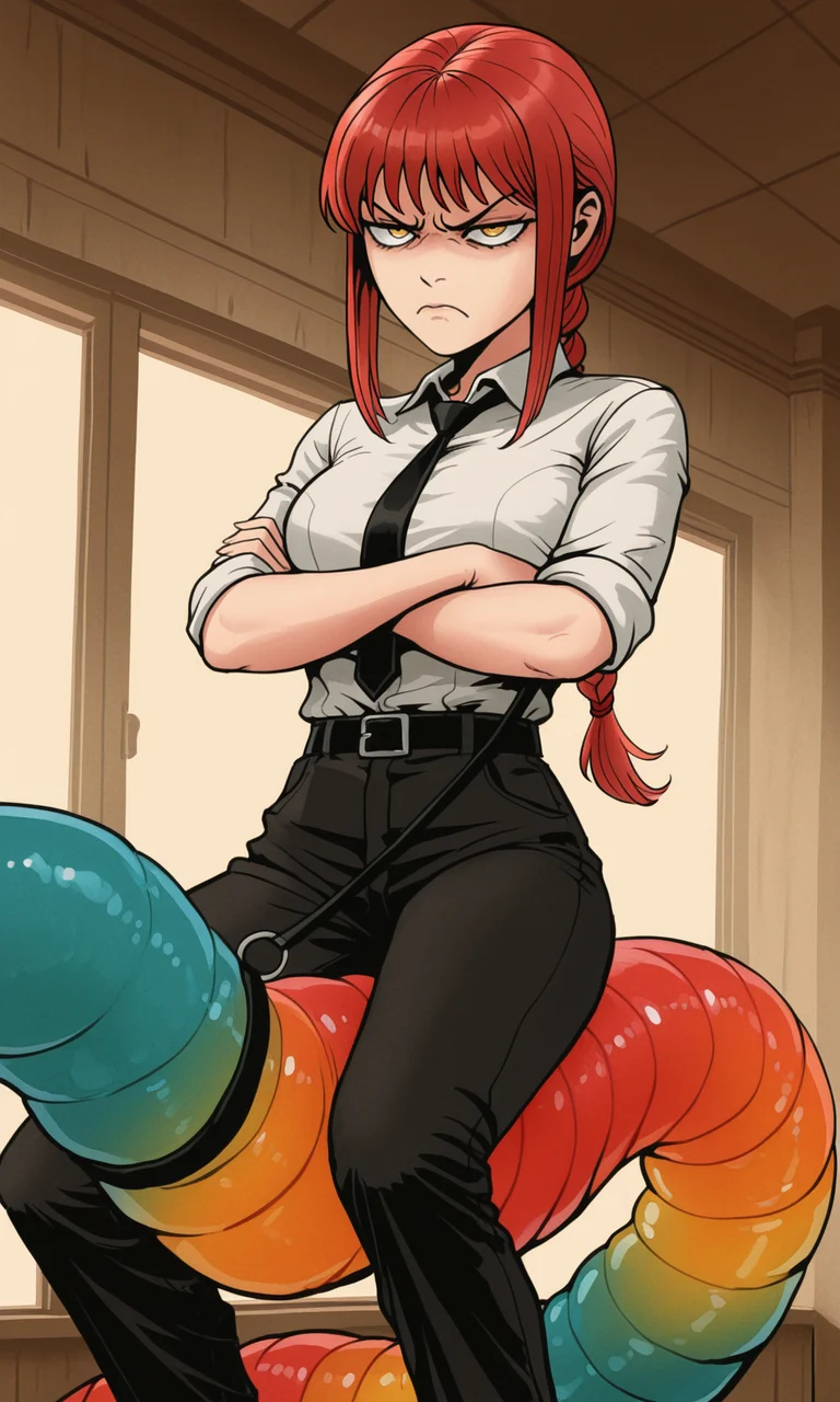 embedding:IllusP0s, f3rn4nd0, riding gummy worm, reigns, makima, annoyed, white shirt, black tie, arms crossed, 1girl, solo,<lora:Style_soph-Fernando-ILXL.safetensors:1.0:1.0> <lora:riding gummy worm_reigns_illustrious.safetensors:1:1>