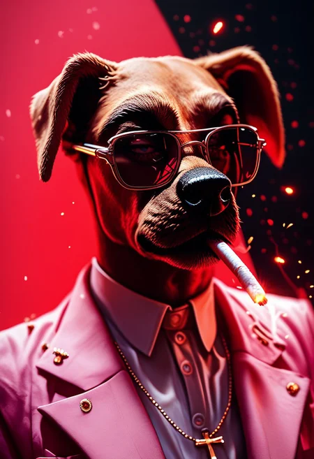(score_9, score_8_up), score_7_up, (((dog))), simple background, wearing sunglasses, jewelry, upper body, necklace, cross, red background, suit, pink theme, gangster style, smoking a cigarette,
,
depth of field, blurry background, black background, dark, CINE, embers,
<lora:unholy-000009:0.75> <lora:CINE-000008:0.5>